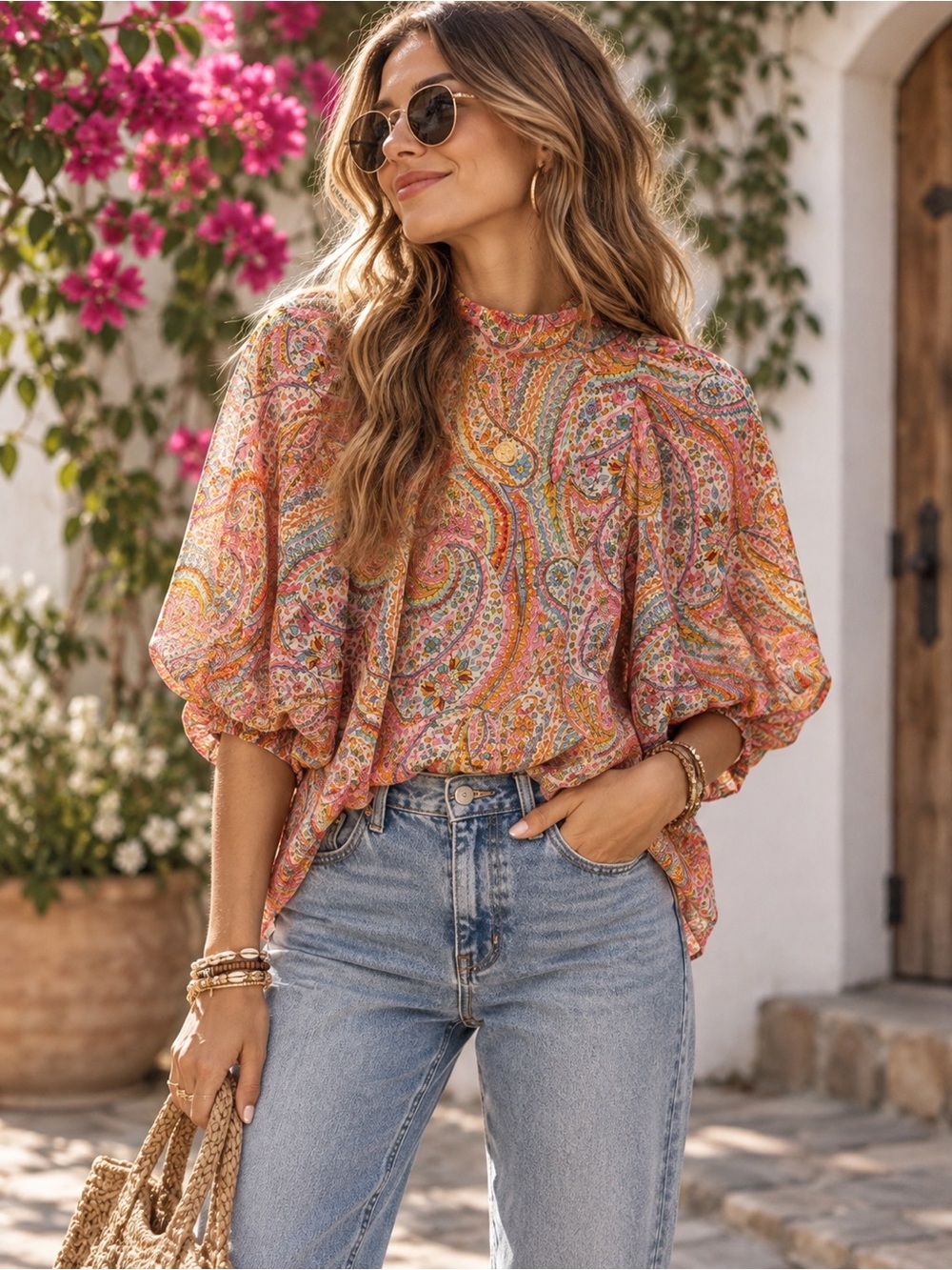 entro Paisley Puff-Sleeve Blouse in Pink-Orange